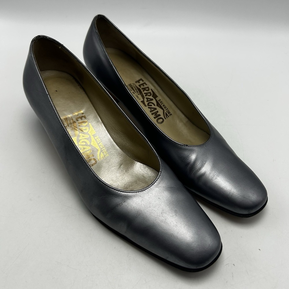 Vintage Salvatore Ferragamo Heels Womens 6.5 AAA Shoes Block Silver Gray Read
